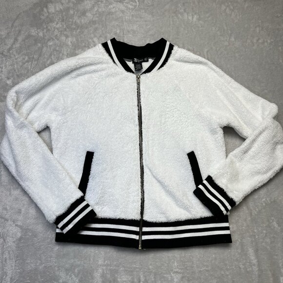 Retro varsity bomber jacket‎ by Miss Chievous, fluffy bright white fuzzy fleece - Picture 1 of 8